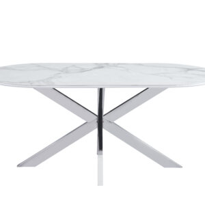 TABLE REPAS MANON PIED CHROME PLATEAU CERAMIQUE MARBRE BLANC 180x90cm