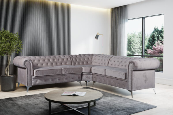 CANAPE D’ANGLE CLOUTE TIFFANY VELOURS MOKA 263x263cm