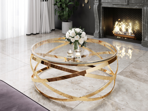 Table Basse EVOL structure Gold et plateau en verre D 80cm