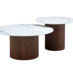 TABLE BASSE GIGOGNE MINA PIED BOIS NOYER PLATEAU CERAMIQUE MARBRE BLANC (BLB) 60x45cm + 80x38cm