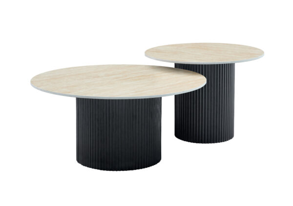 TABLE BASSE GIGOGNE MINA PIED NOIR PLATEAU CERAMIQUE TRAVERTIN MAT 60x45cm + 80x38cm