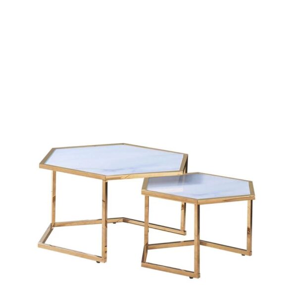 Lot de 2 tables basses Gigogne HEXAGONA structure Gold et plateau en verre