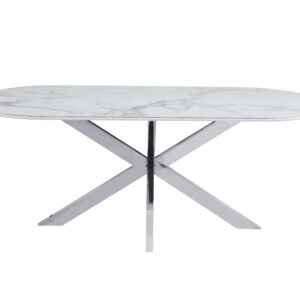 TABLE REPAS MANON PIED CHROME PLATEAU CERAMIQUE MARBRE BLANC 200x100cm