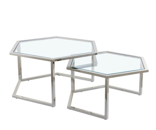 Lot de 2 tables basses Gigogne HEXAGONA structure chrome et plateau en verre