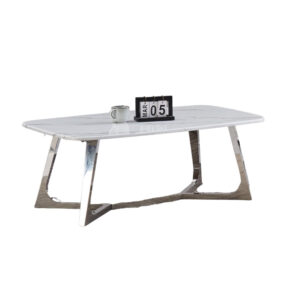 Table Basse GOSSIP Inox plateau en Granite Marbré Blanc 120x70 cm