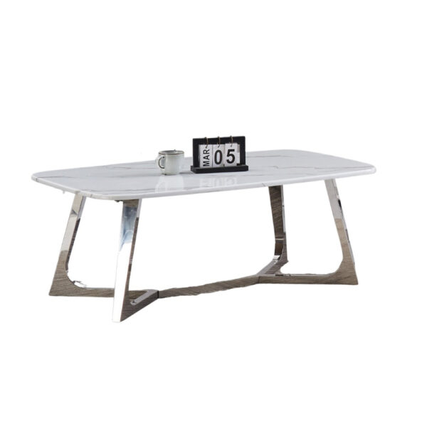 Table Basse GOSSIP Inox plateau en Granite Marbré Blanc 120x70 cm