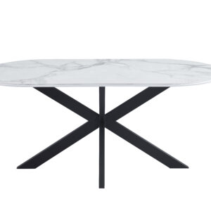 TABLE REPAS MANON PIED METAL NOIR PLATEAU CERAMIQUE MARBRE BLANC 180x90cm