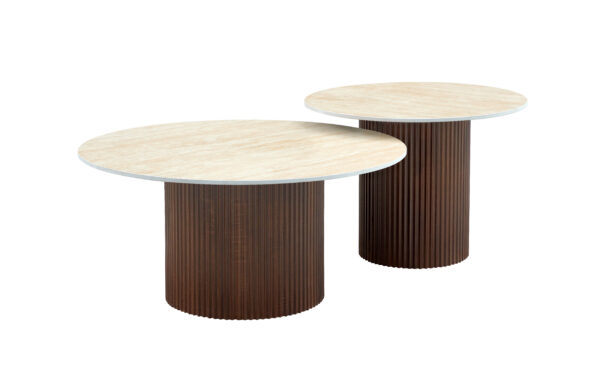 TABLE BASSE GIGOGNE MINA PIED BOIS NOYER PLATEAU CERAMIQUE TRAVERTIN MAT 60x45cm + 80x38cm