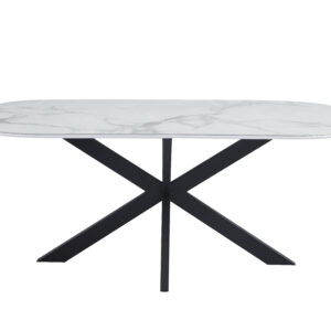 TABLE REPAS MANON PIED METAL NOIR PLATEAU CERAMIQUE MARBRE BLANC 200x100cm