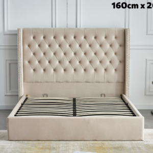 LIT DOUBLE CLOUTE CAPITONNE AVEC COFFRE VELOURS BEIGE 160x200 c