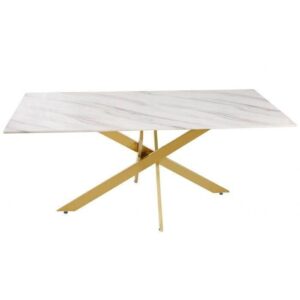 Table Repas JESSICA Gold et plateau en verre 150 cm 4 à 6 couverts