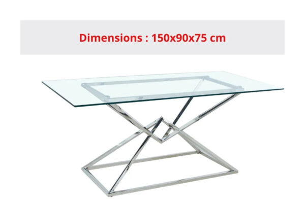 Table à manger PYRAMIDE plateau en verre et structure en Chrome pour 4 à 8 personnes