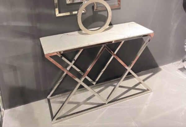 CONSOLE TRIANGLE CHROME MARBRE BLANC 120x40 cm