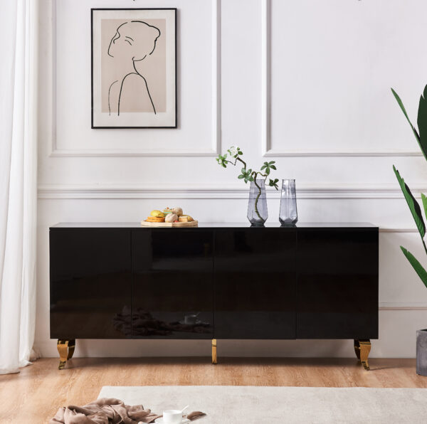 BUFFET BAROQUE LAQUE NOIR 4 PORTES 180X40X80 CM PIEDS GOLD