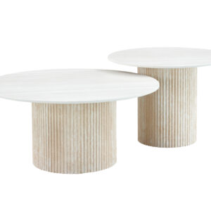 TABLE BASSE GIGOGNE MINA PIED TRAVERTIN PLATEAU CERAMIQUE BOIS BLANC 60x45cm + 80x38cm