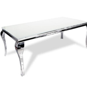 Table à manger BAROQUE 4 à 6 couverts pieds chrome plateau en verre 150x90 cm