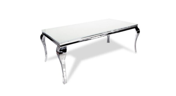 Table à manger BAROQUE 4 à 6 couverts pieds chrome plateau en verre 150x90 cm