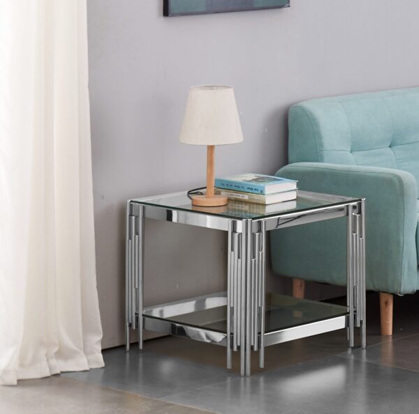GUERIDON FLUTE CHROME DOUBLE PLATEAU TRANSPARENT 50X50X55CM