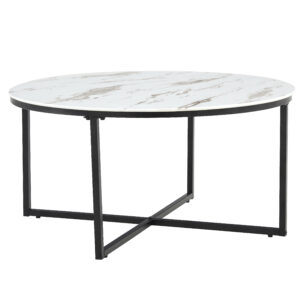 TABLE BASSE LORIE PIED METAL NOIR MARBRE BLANC 90CM