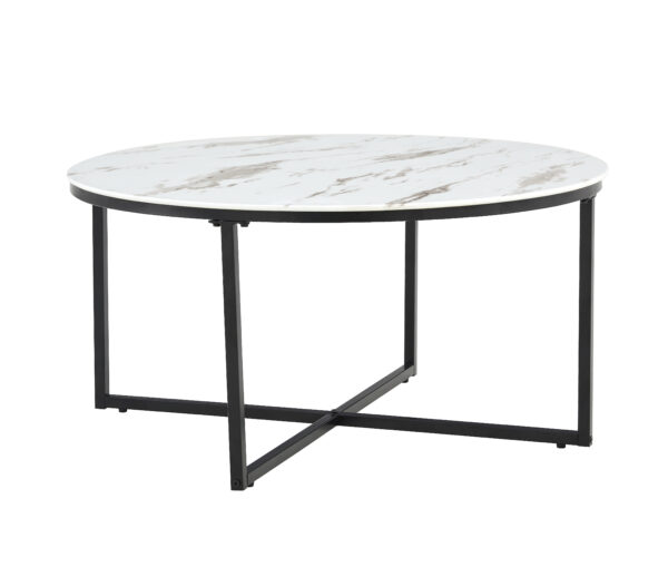 TABLE BASSE LORIE PIED METAL NOIR MARBRE BLANC 90CM