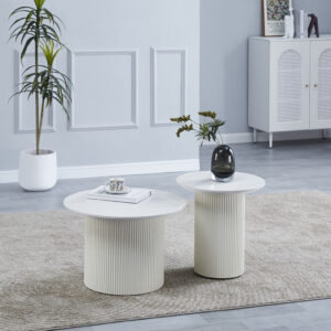 TABLE BASSE GIGOGNE POLPO PIED BEIGE PLATEAU CERAMIQUE MARBRE BLANC 70X70X38 + 50X50X45CM