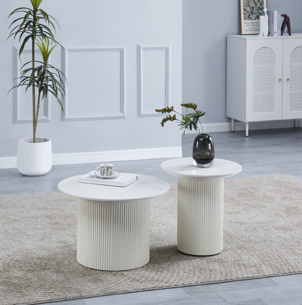 TABLE BASSE GIGOGNE POLPO PIED BEIGE PLATEAU CERAMIQUE MARBRE BLANC 70X70X38 + 50X50X45CM