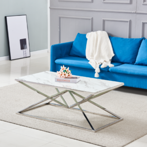 TABLE BASSE PYRAMIDE RECTANGLE CHROME MARBRE BLANC 120x60 cm