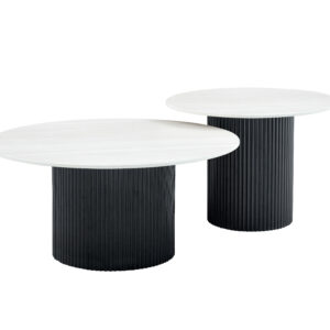 TABLE BASSE GIGOGNE MINA PIED NOIR PLATEAU CERAMIQUE BOIS BLANC 60x45cm + 80x38cm