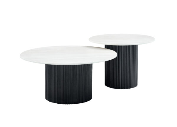TABLE BASSE GIGOGNE MINA PIED NOIR PLATEAU CERAMIQUE BOIS BLANC 60x45cm + 80x38cm