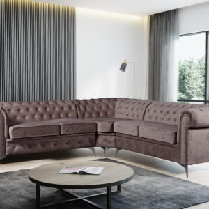 CANAPE D’ANGLE CLOUTE TIFFANY VELOURS MOKA 263x263cm