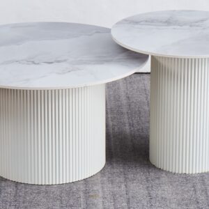 TABLE BASSE GIGOGNE POLPO PIED BEIGE PLATEAU CERAMIQUE MARBRE GRIS 70X70X38 + 50X50X45CM
