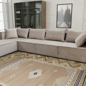 CANAPE MODULO 4+1 ANGLE GAUCHE VELOURS BEIGE