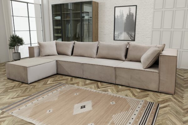 CANAPE MODULO 4+1 ANGLE GAUCHE VELOURS BEIGE