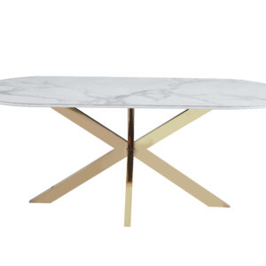 TABLE REPAS MANON PIED GOLD PLATEAU CERAMIQUE MARBRE BLANC 200x100cm