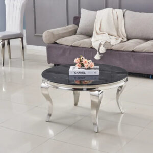 Table basse ronde baroque chrome et plateau en verre de 80 cm