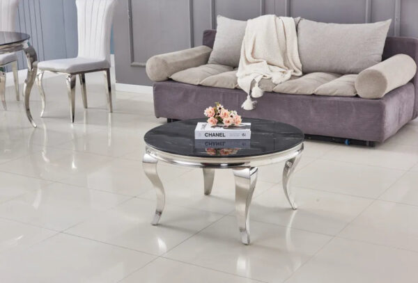 Table basse ronde baroque chrome et plateau en verre de 80 cm