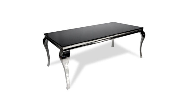 Table à manger BAROQUE 6 à 8 couverts pieds chrome plateau en verre 180x90 cm