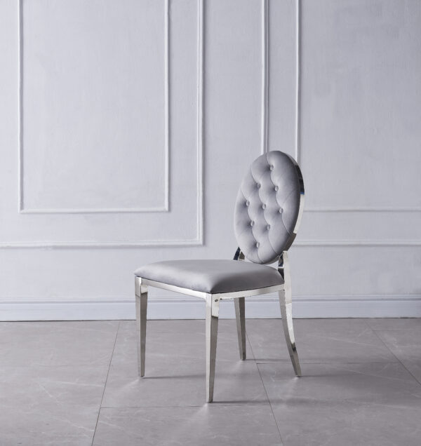 CHAISE MEDAILLON CAPITONNE VELOURS GRIS