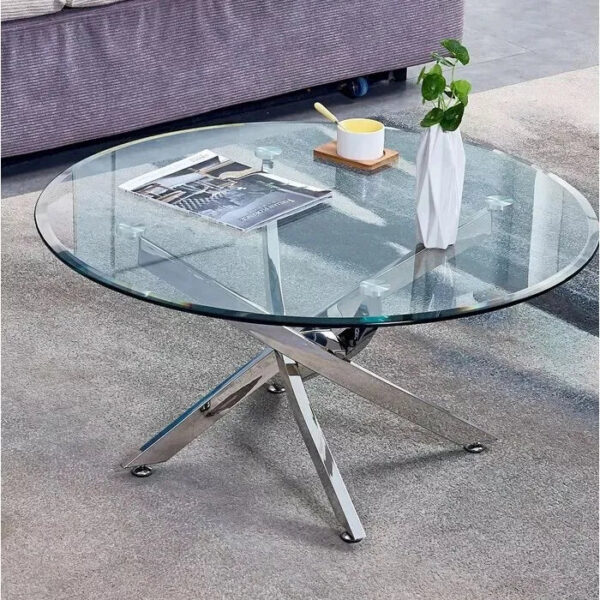 Table basse ronde JESSY pieds chrome et plateau en verre 80 cm