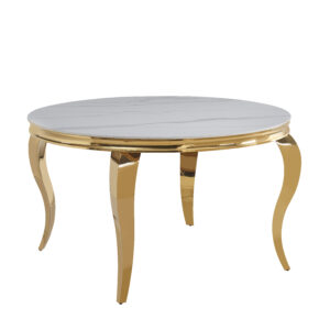 TABLE BAROQUE RONDE GOLD CERAMIQUE MARBRE BLANC 130x75cm
