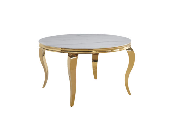 TABLE BAROQUE RONDE GOLD CERAMIQUE MARBRE BLANC 130x75cm