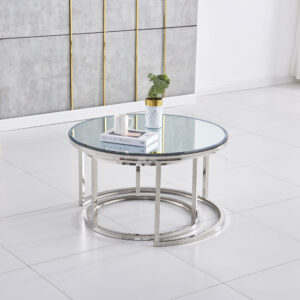TABLE BASSE GIGOGNE CHROME MIROIR 80x45 + 60x38 cm