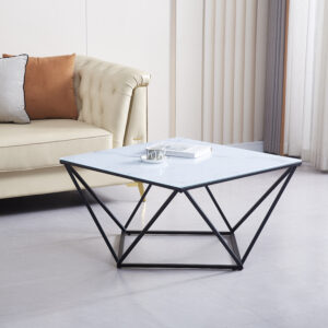 TABLE BASSE ALINA METAL NOIR VERRE MARBRE BLANC 80X80X45CM
