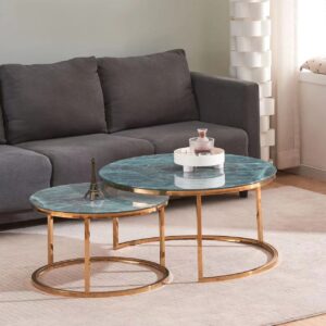 TABLE BASSE GIGOGNE ROMEO GOLD MARBRE GRIS-VERT 80x45 + 60x38 c