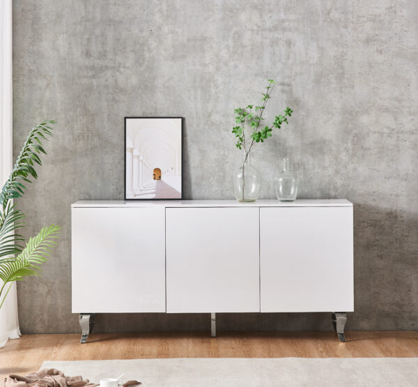 BUFFET BAROQUE LAQUE BLANC 3 PORTES 160X40X80 CM PIEDS CHROME