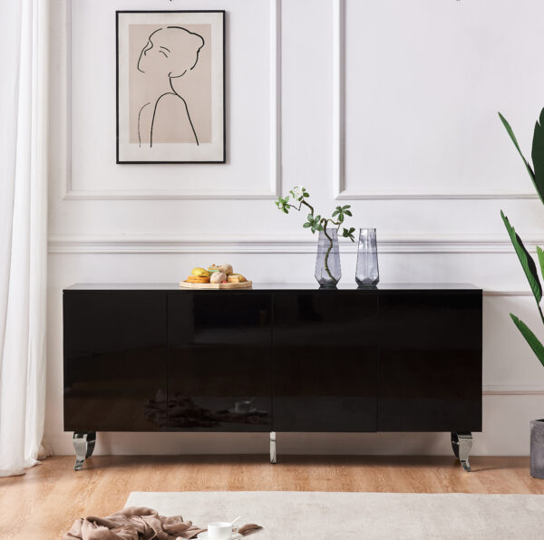 BUFFET BAROQUE LAQUE NOIR 4 PORTES 180X40X80 CM PIEDS CHROME