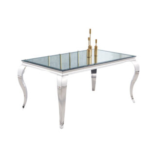 Table à manger BAROQUE 4 à 6 couverts pieds chrome plateau en verre 150x90 cm