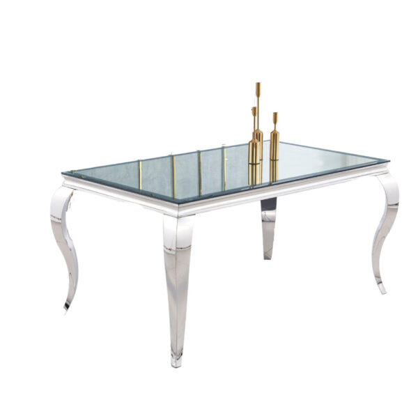 Table à manger BAROQUE 4 à 6 couverts pieds chrome plateau en verre 150x90 cm