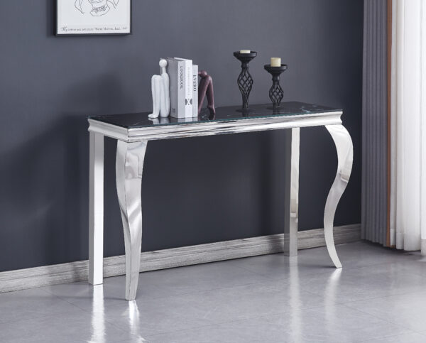 CONSOLE BAROQUE CHROME VERRE MARBRE NOIR 120X40X78