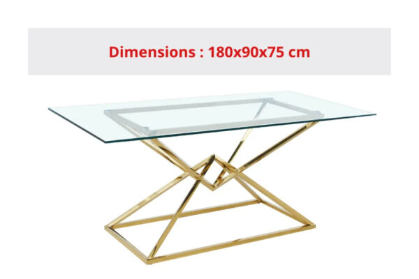 Table à manger PYRAMIDE plateau en verre et structure en Gold pour 4 à 8 personnes
